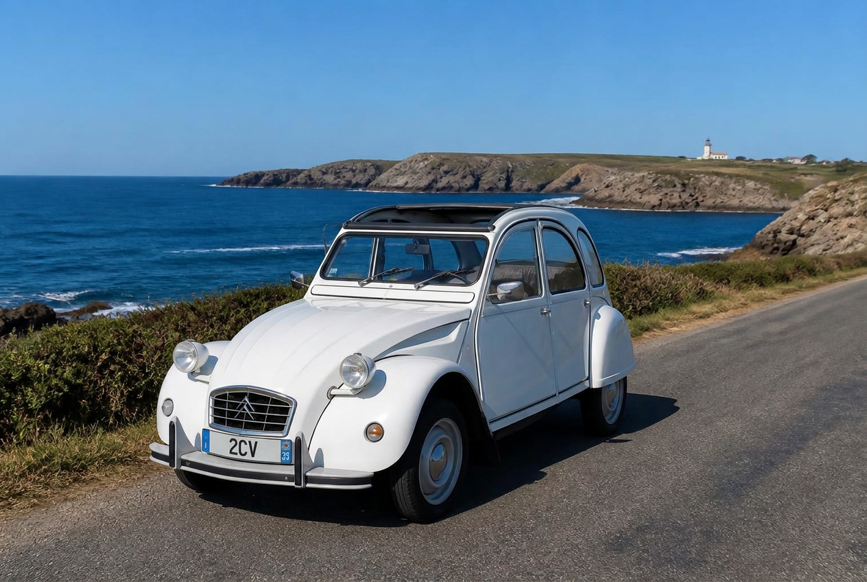 La 2CV blanche entière, sur une route du littoral breton sous un grand ciel bleu