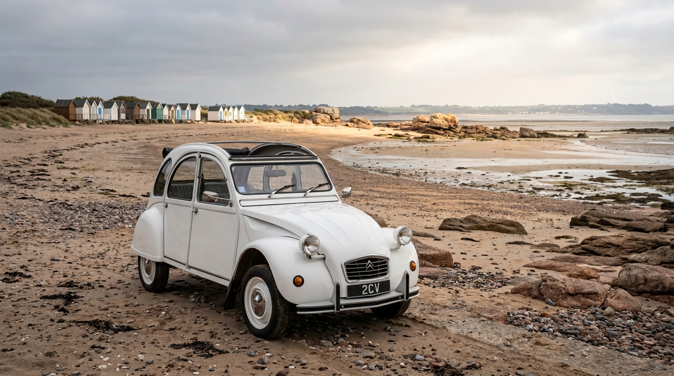 La 2CV blanche au bord d'une plage de la baie de Saint-Brieuc