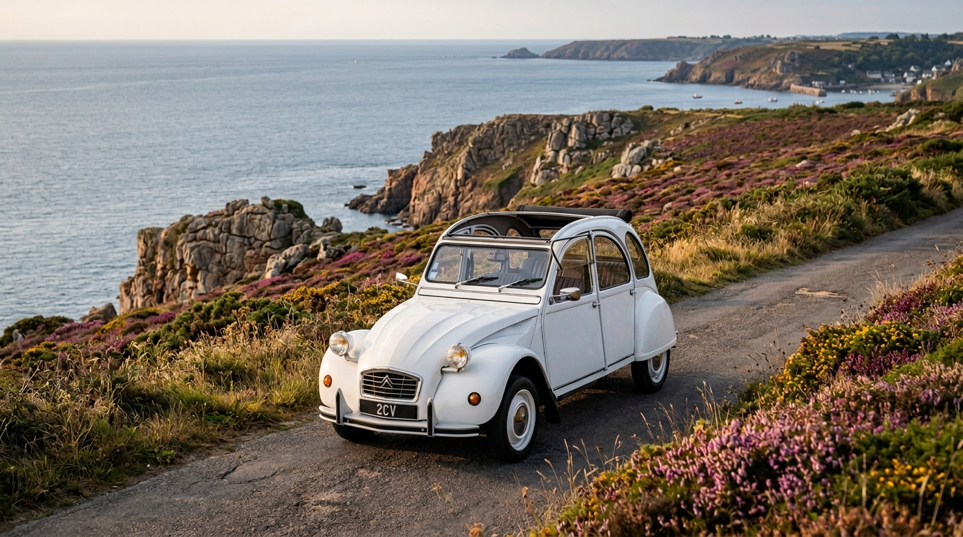 La 2CV 6 Spéciale blanche de 1981 sur la route des falaises de Plouha, face à la mer