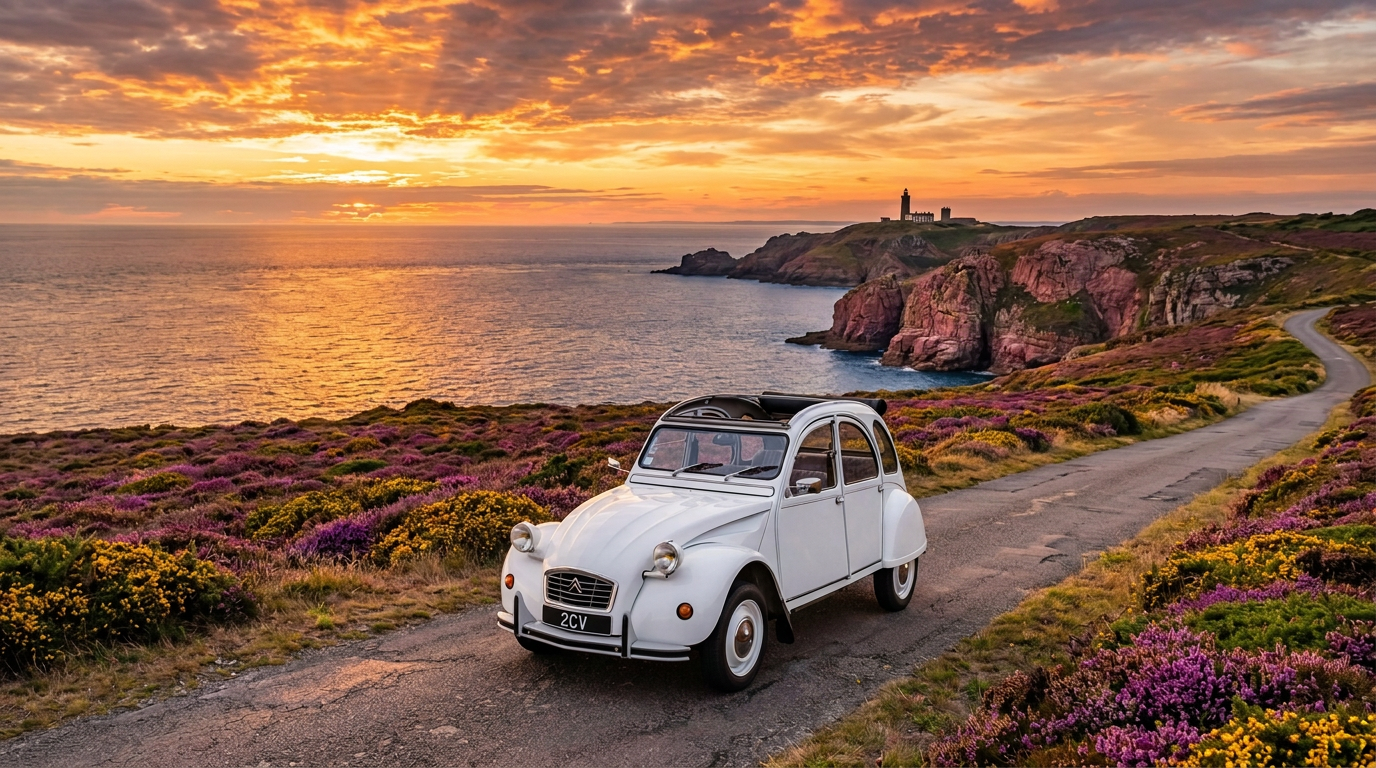La 2CV blanche sur la route du Cap Fréhel au coucher du soleil
