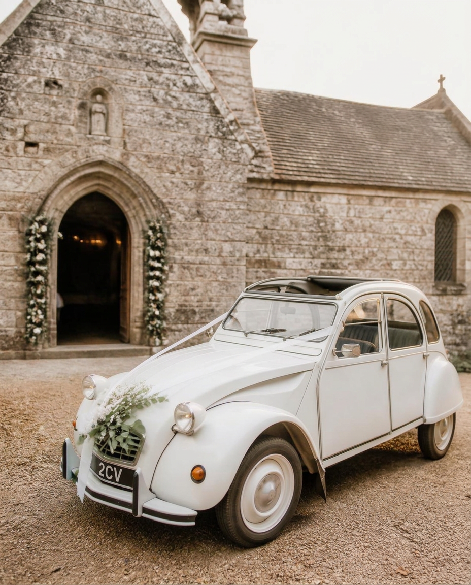 2CV blanche décorée de rubans et fleurs pour un mariage en Bretagne