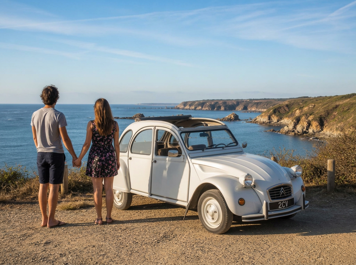 Couple face à la mer à côté de la 2CV blanche sur la côte des Côtes-d'Armor