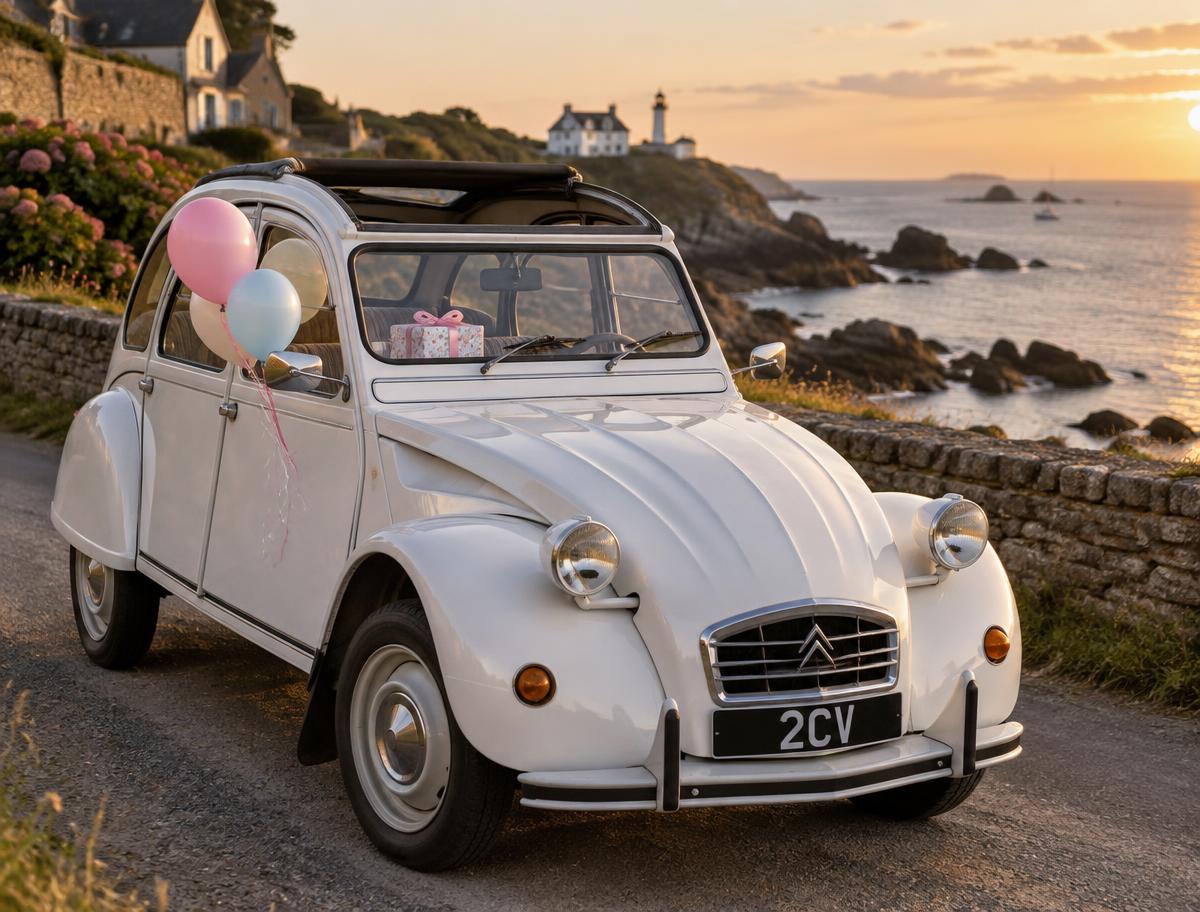 2CV blanche décorée de ballons pour un anniversaire en Bretagne