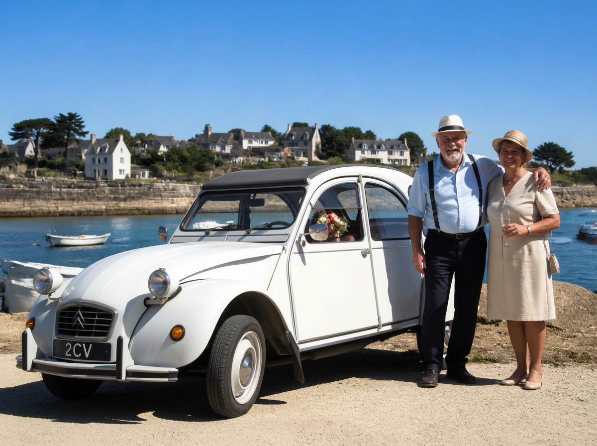 Couple célébrant son anniversaire de mariage devant la 2CV blanche au bord de l'eau