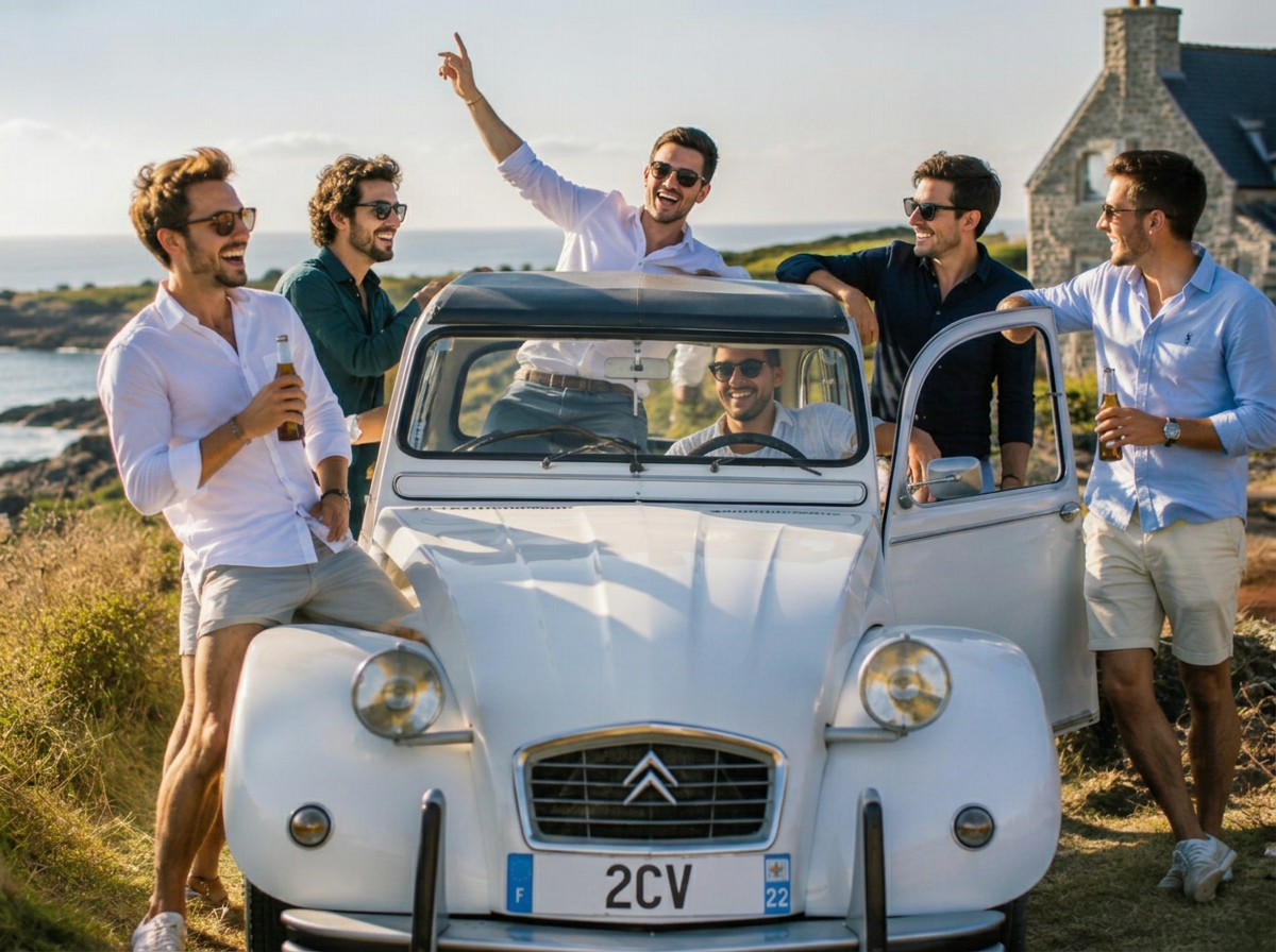 Groupe d'amis préparant une escapade festive en 2CV en Bretagne