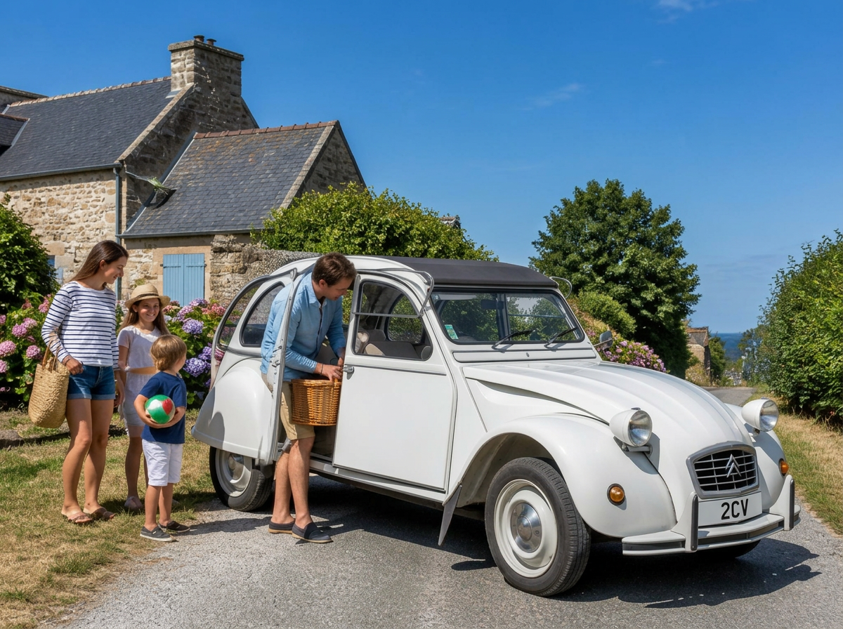 Famille chargeant un panier dans la 2CV blanche devant une maison en pierre bretonne