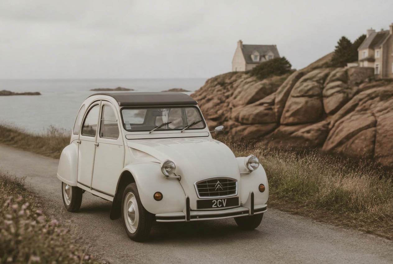 La 2CV blanche sur une route de la côte des Côtes-d'Armor